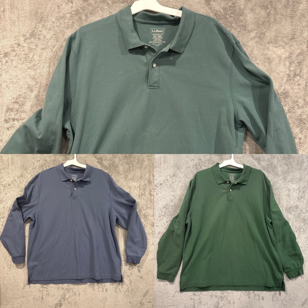 3 LL Bean Mens XXLarge Green Blue Long Sleeve Polo Shirt Cotton Casual Classic